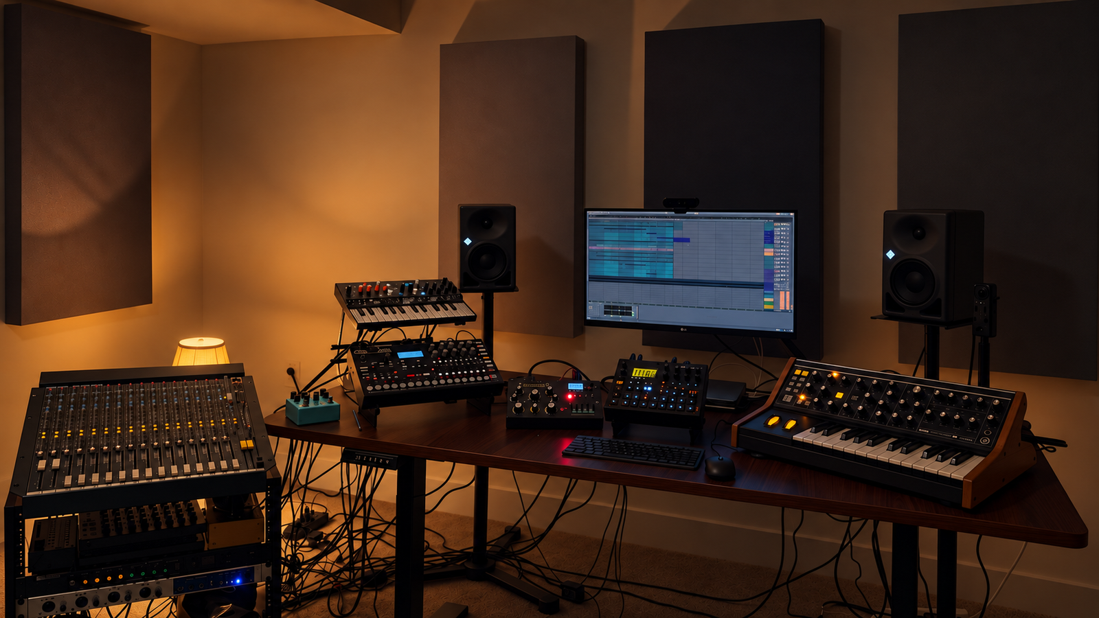 Brain Waves studio in Ottawa with hardware synthesizers, MixWizard console and Neumann KH 120 II monitors